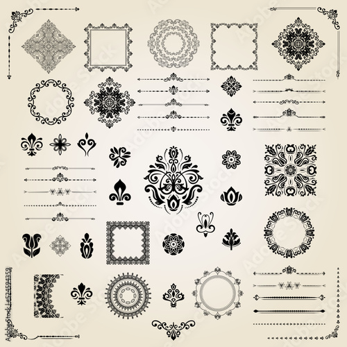 Vintage set of vector horizontal, square and round elements. Elements for backgrounds, frames and monograms. Classic patterns. Set of black and white patterns