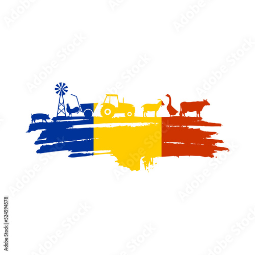 Brush stroke with agricultural icons textured by flag of Romania. Background for eco products.