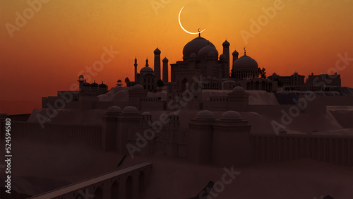 Middle East Kingdom. Eclipse over the city. Blender creation. (ID: 524594580)