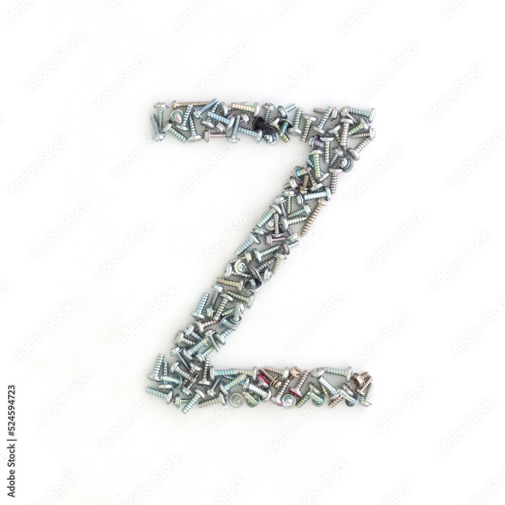 Capital letter Z made from screws and bolts. Alphabet made from used screws. White background. Industrial bolt font Capital letter Z made from screws and bolts. Alphabet made from used screws. White background. Industrial bolt font