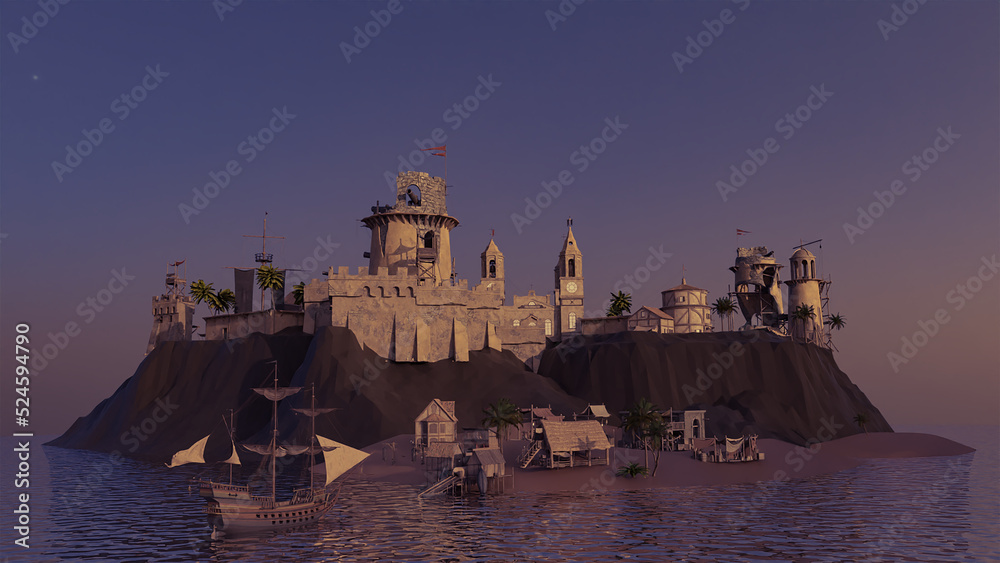 The Pirate Island with the Ship entering the harbour, 3d style, blender creation