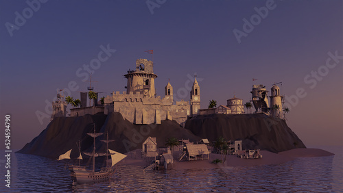The Pirate Island with the Ship entering the harbour, 3d style, blender creation (ID: 524594790)