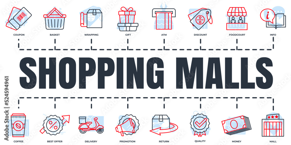 Shopping malls banner web icon set. discount, gift, info, coupon, basket, mall vector illustration concept. Shopping malls banner web icon set. discount, gift, info, coupon, basket, mall vector illustration concept.