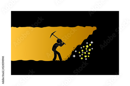 A flat graphic of a miner in an underground tunnel using a pickaxe to look for the gold and gems in the pile of blast rock.