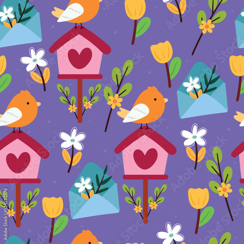 seamless pattern cartoon bird, flower and letter. cute wallpaper for textile, gift wrap paper