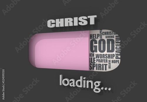 Progress bar or loading bar with christianity religion relative tags cloud. Christ word. 3D render