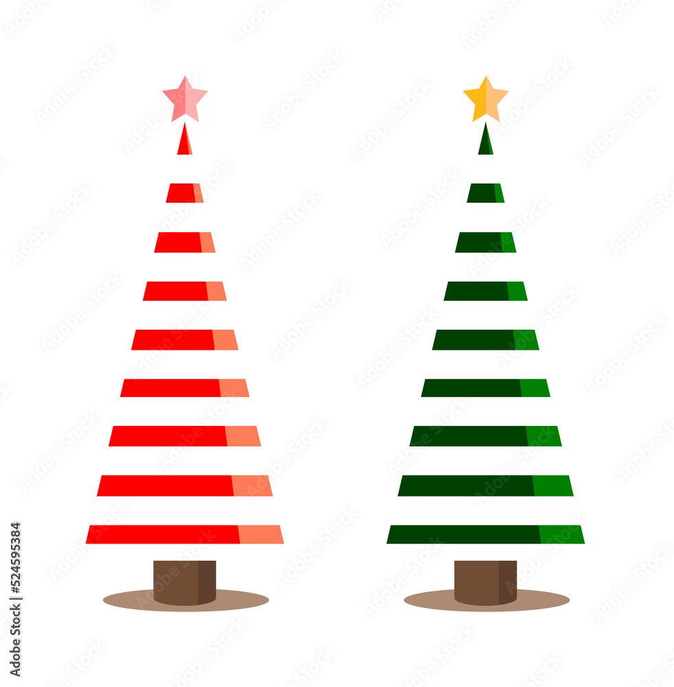 Fototapeta premium A flat illustration of two modern Christmas trees in shades of red and shades of green, isolated on a white background.