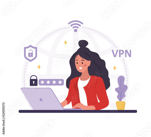 VPN Technology concept. Woman using app for protect personal data. Cyber security. Virtual private network connection. Modern software for remote servers. Vector illustration in flat cartoon style.