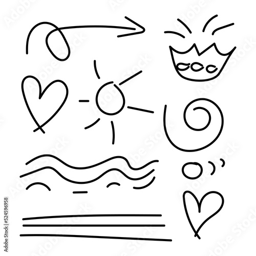 Hand drawn doodle elements heart, sun, circle etc for concept design isolated on white background. vector illustration.