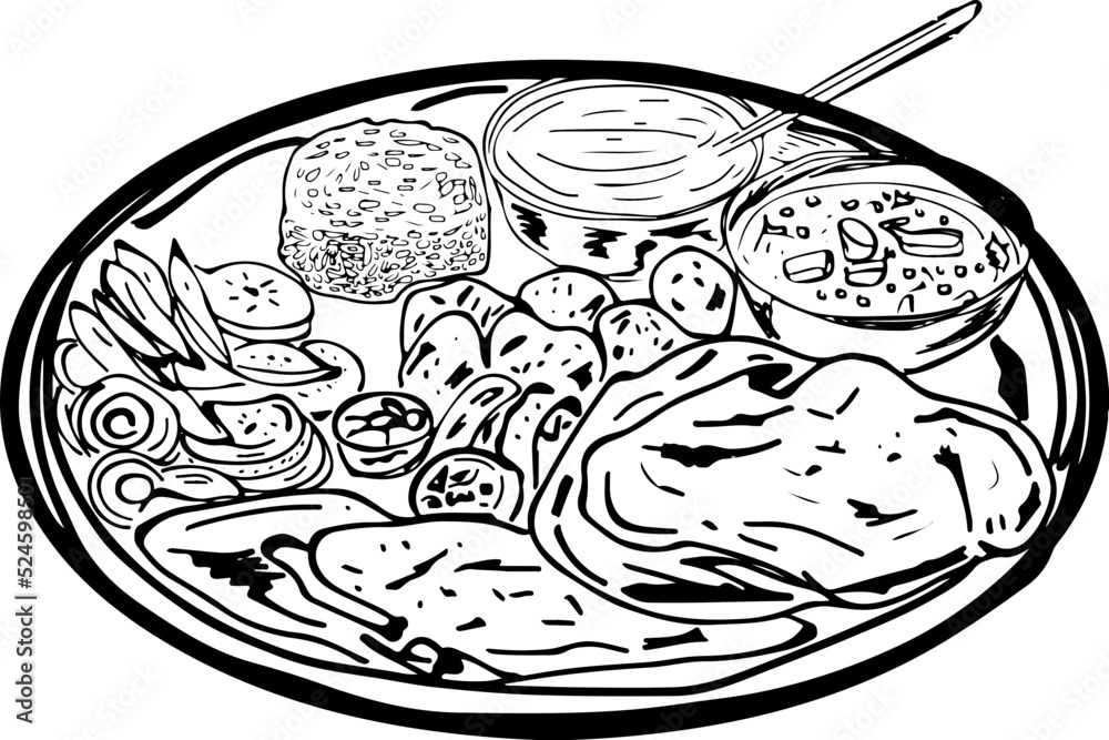 black and white pencil drawing indian food salad chutney dal masala  curry Kurd flatbread chapati naan tray with dishes EPS vector 10  what do they eat in Delhi Mumbai Goa Indonesia Stock