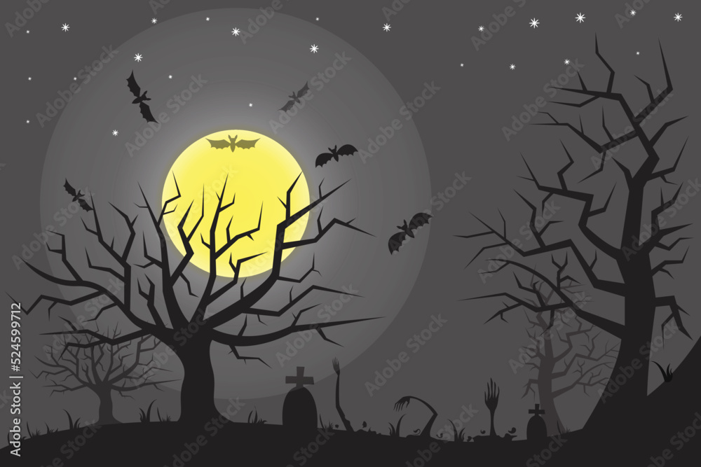 spooky background with ghost hands, dry tree and full moon