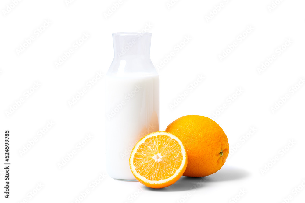 Milk in bottle with orange fruit. Isolate on white background. orange milk menu concept. Milk in bottle with orange fruit. Isolate on white background. orange milk menu concept.