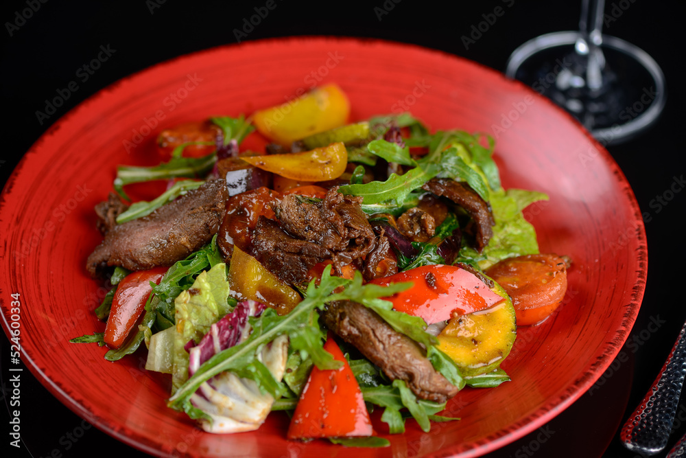 warm salad with veal in a red plate on a dark background macro photo
warm salad with veal in a red plate on a dark background macro photo