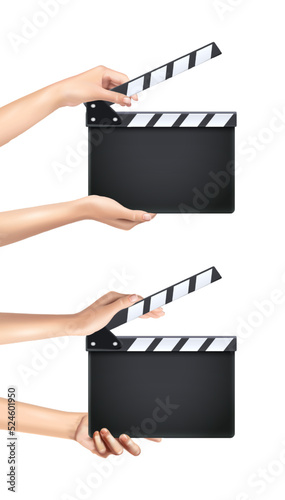 3d realistic vector icon. Movie clapper board opened with hands in different shapes.