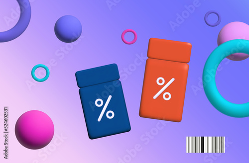 Gift voucher, bonus coupon 3d. Vector banner advertising big discounts, special offer. Flying coupon with percent icon, barcode. Sales promotion, favorable offer, free voucher. Lucky win, code, price.