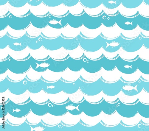 Seamless abstract background with fishes and blue sea.