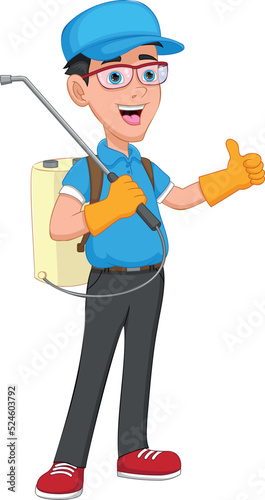 cute boy with backpack sprayer thumbs up