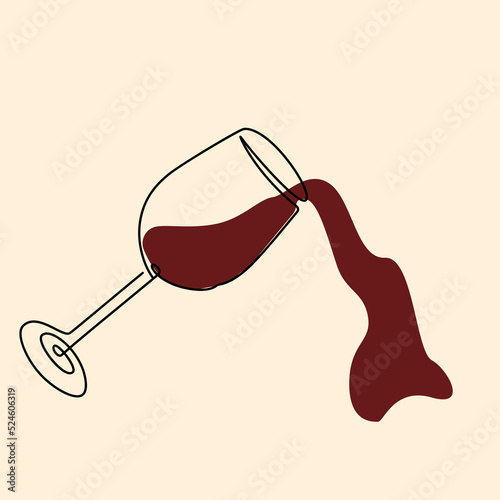 Wine one line illustration. Alcohol drink in glassware.. Wineglass with red beverage. Liquid splashes. Spilling Cabernet or Merlot. Booze bar or winery decoration, vector sketch illustration