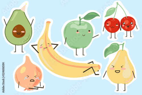 Fruits and vegetables. Cartoon characters emotion expressions and actions. Avocado in birthday hat. Cherry couple. Banana workout. Crying onion. Laughing pear. Vector food mascots set