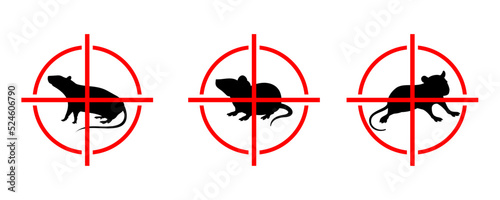 Rats icon. Pest control. Rodent extermination sign. Target logo for mouse poison. Kill gnawer. Red round crosshair aim. Black silhouette mammal. Vector animal mice stop symbols set
