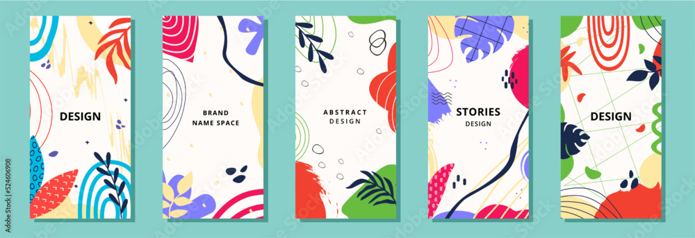 Abstract summer backgrounds, social media template. Floral tropical leaf frame collection, vertical banner leaf pattern, memphis style. Doodle art with copy space. Vector graphic design