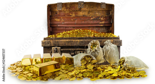 A lot of stacking gold coins in treasure stack and gold bar 1kg photo