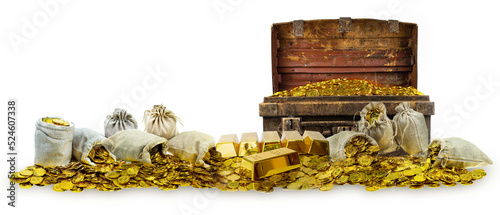 A lot of stacking gold coins in treasure stack and gold bar 1kg on white background photo