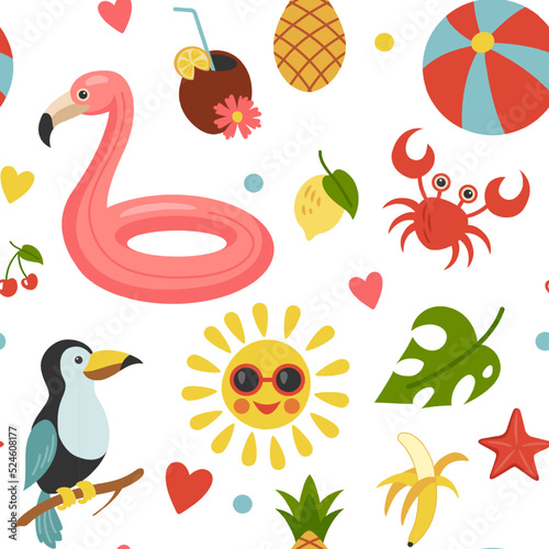 Summer beach travel pattern. Tropical resort. Summertime rest. Vacation graphic bag. Cartoon print texture. Sea party art. Paper hat on sand. Fruits and animals. Vector seamless background