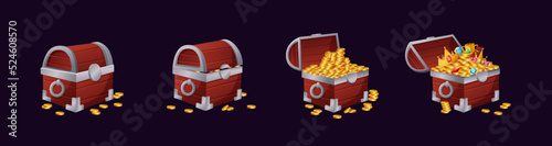Wood chest. Treasure box. Wooden full trunk. Open or closed pirate coffer with gold heaps. Precious gems and ancient money coins. Game loot. Fantasy jewelry container. Vector realistic set