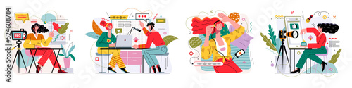 Podcast, people listen music or radio. Record voice interview, talk about, relax audio broadcast, man and woman recording in studio. Earphones and microphone. Vector cartoon flat set