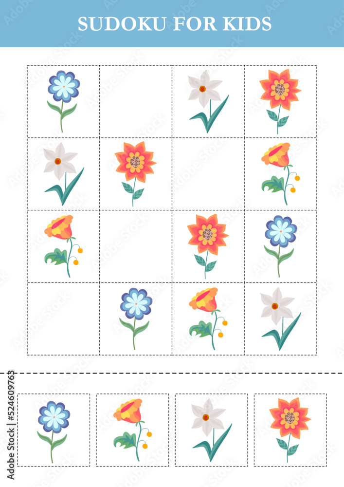 Sudoku for kids with cute fairytale flowers. Logical game for kids. Puzzle for preschoolers.