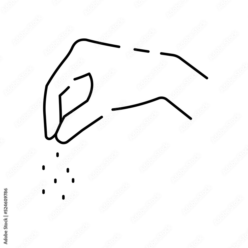 Cooking or kitchen thin line vector icon. Restaurant with cook and meal or food. Hand add salt Cooking or kitchen thin line vector icon. Restaurant with cook and meal or food. Hand add salt