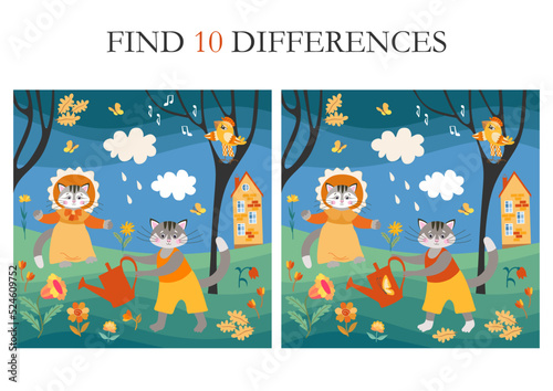 Look closely at two funny pictures of cute cartoon cats in the garden and find 10 differences. Logical game for kids. Puzzle for preschoolers.