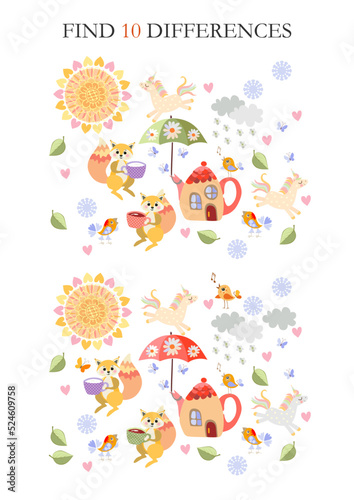 Look carefully at two fabulous pictures with cute cartoon squirrels, unicorns, birds, teapots, cups and find 10 differences. Logical game for kids. Puzzle for preschoolers.