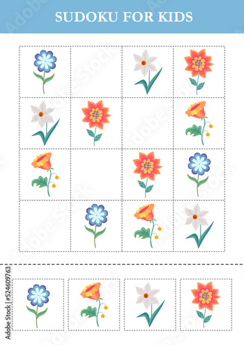 Sudoku for kids with cute fairytale flowers. Logical game for kids. Puzzle for preschoolers.