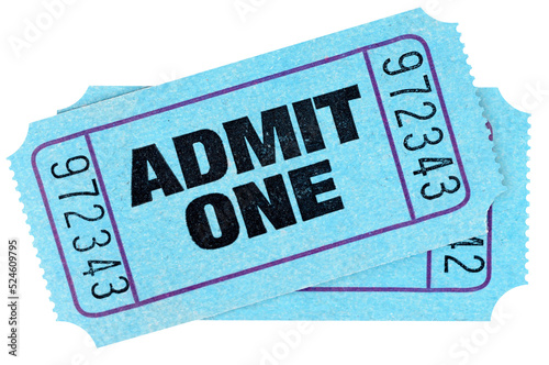 Two blue admit one movie or concert tickets isolated transparent background photo PNG file