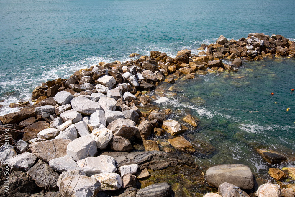 View on water of Ligurian Sea and rocks, picturesque landscape, Riomaggiore, Cinque Terre, Italy