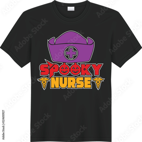 Halloween Spooky Nurse Typography T-Shirt Design photo