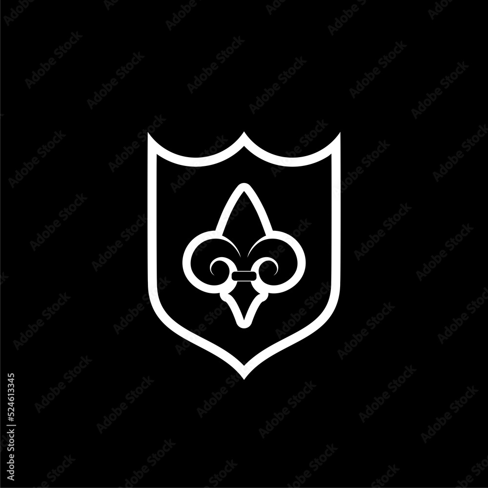 Shield with heraldic symbol of fleur de lis icon isolated on dark background