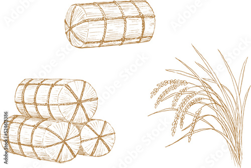 稲と米俵のペン画　線画