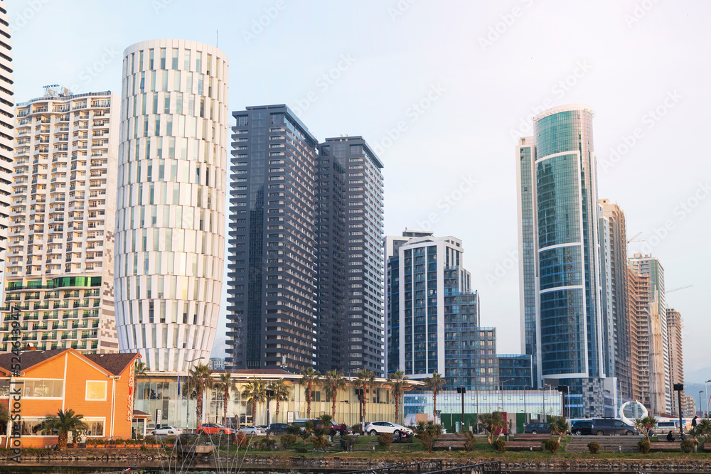 Batumi, Georgia, February 2022. Skyscrapers at Batumi quay, modern architecture in Batumi. Modern housing infrastructure