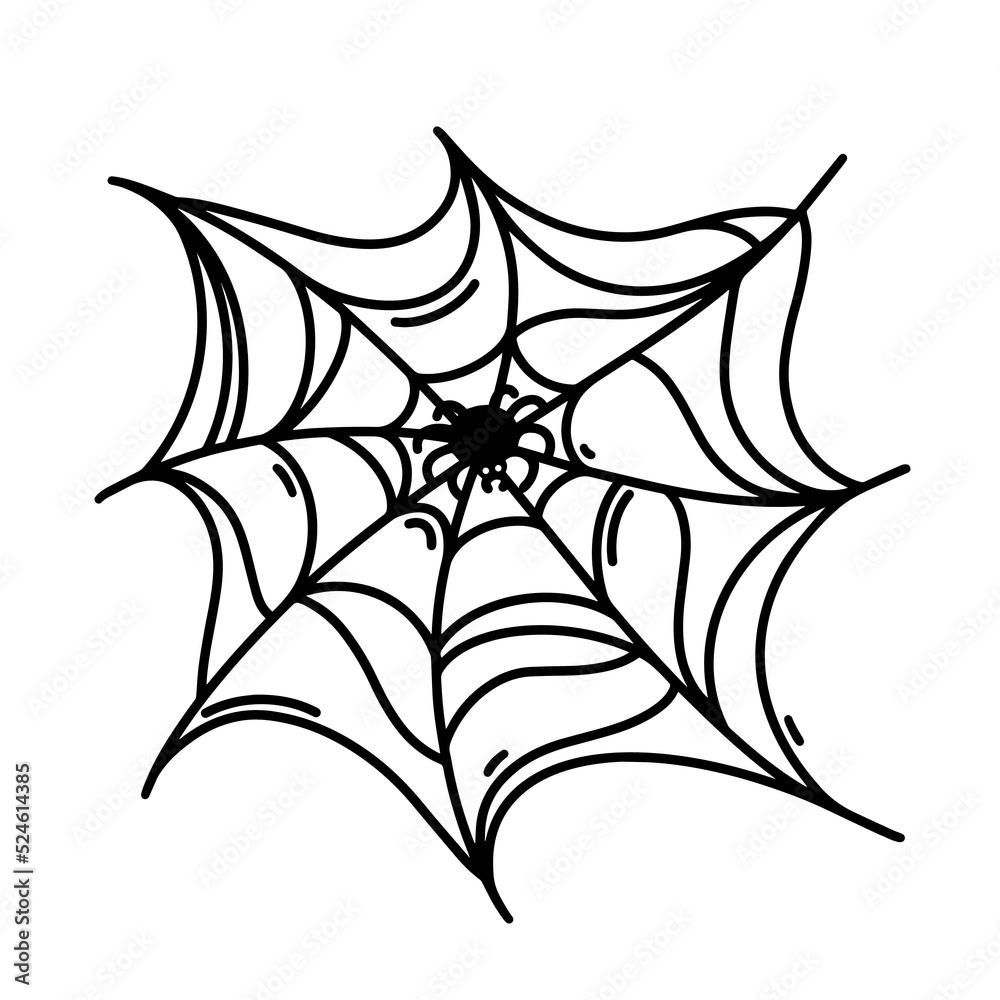 Spider spinning a web vector icon. The arachnid sits in the center of the sticky cobweb. Outline, simple sketch isolated on white. Crooked old gossamer. Illustration for Halloween decor, holiday cards