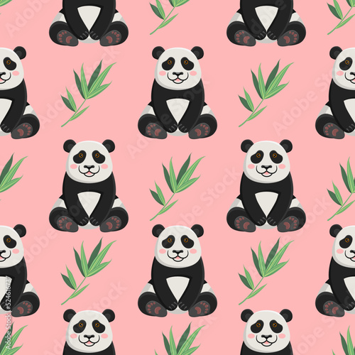 Vector seamless pattern cute pandas. Mascot funny bear cubs. Children's animalistic background with animals and bamboo leaves for clothes, wrapping paper, textiles.