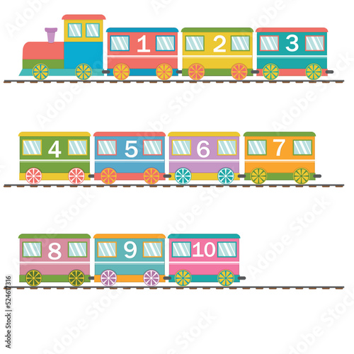 Wooden train with carriages and numbers, back to school, color vector illustration in flat style