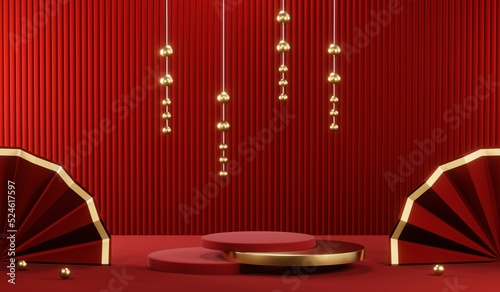3D rendering of blank product background for cream cosmetics Modern red podium background © Thares2020