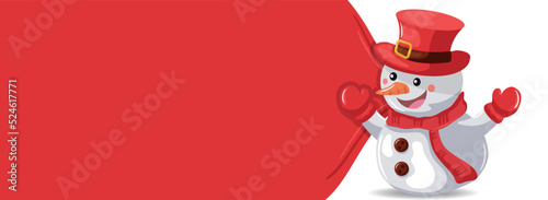 Merry christmas background with santa claus snowman pulling bag of gifts. Christmas banner with space for text