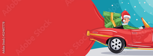 Merry christmas background with elf driving santa claus cart and pulling bag of gifts. Christmas banner with space for text