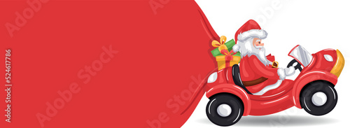 Merry christmas background with santa claus driving car and pulling gift bag on snow. Christmas banner with space for text