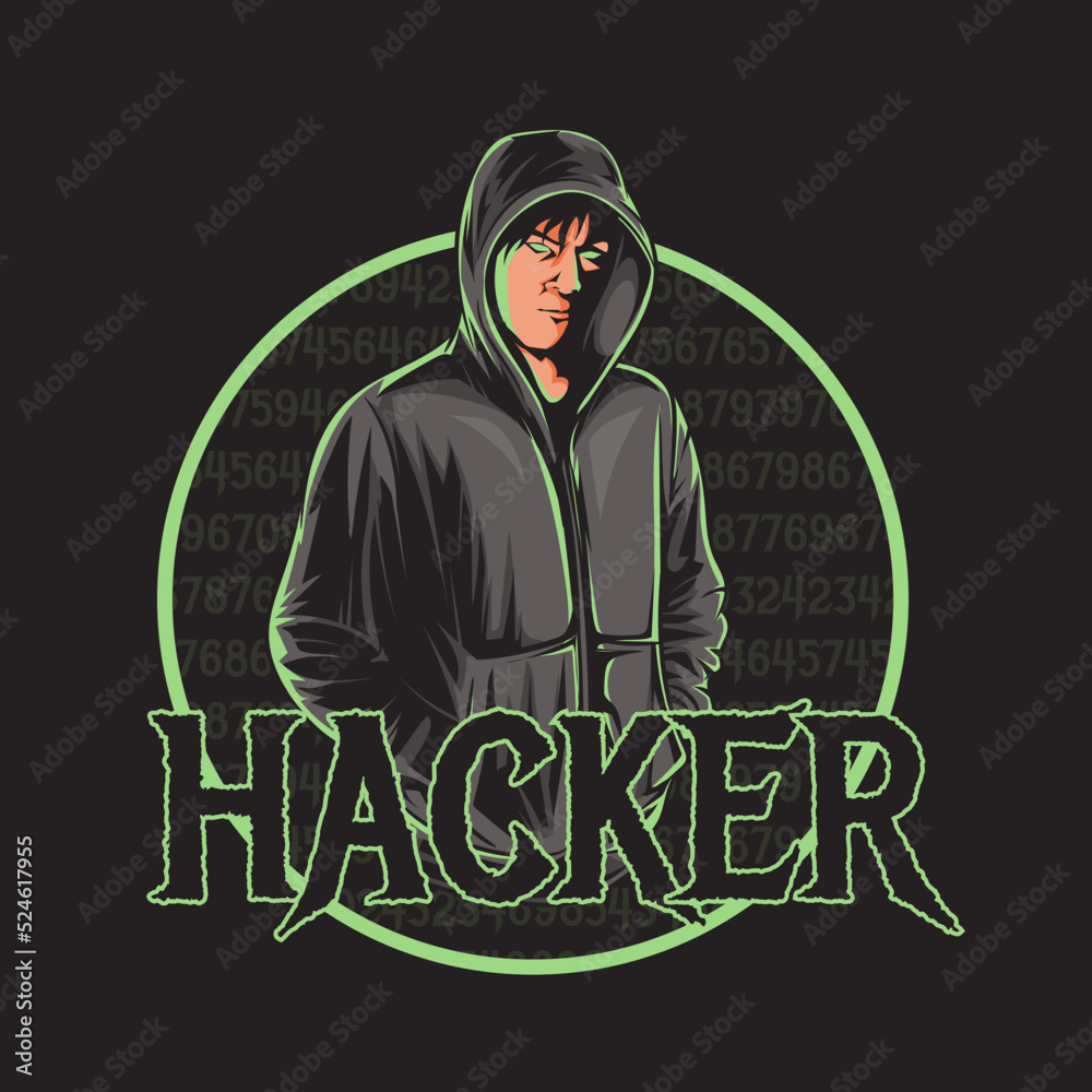 a hacker man in a dark hood logo
