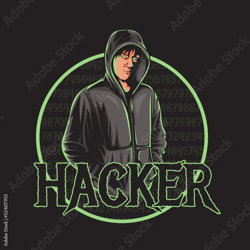 a hacker man in a dark hood logo